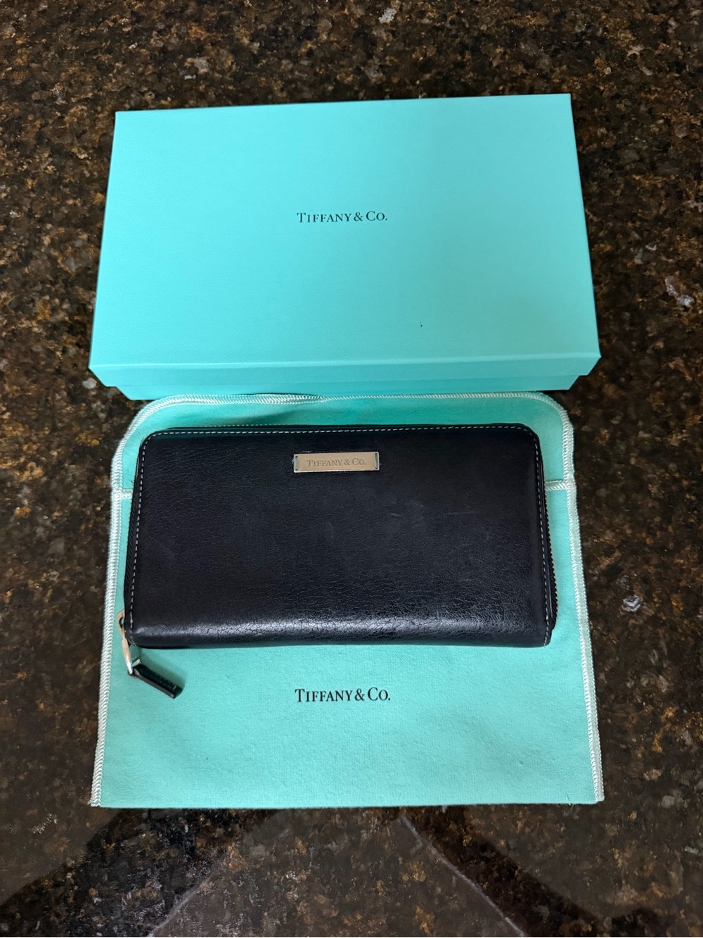 Tiffany & Co. Black Leather Zip Around Wallet with Silver Plaque